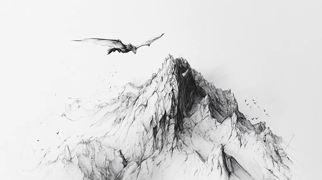 A detailed pencil sketch depicts a majestic mountain range, rendered in grayscale with varying shades to emphasize texture and depth.  A dragon-like creature is shown in flight above, adding a fantastical element to the otherwise realistic landscape.  Small birds are scattered across the sky, adding to the sense of scale and vastness. The overall style is minimalist and evocative.