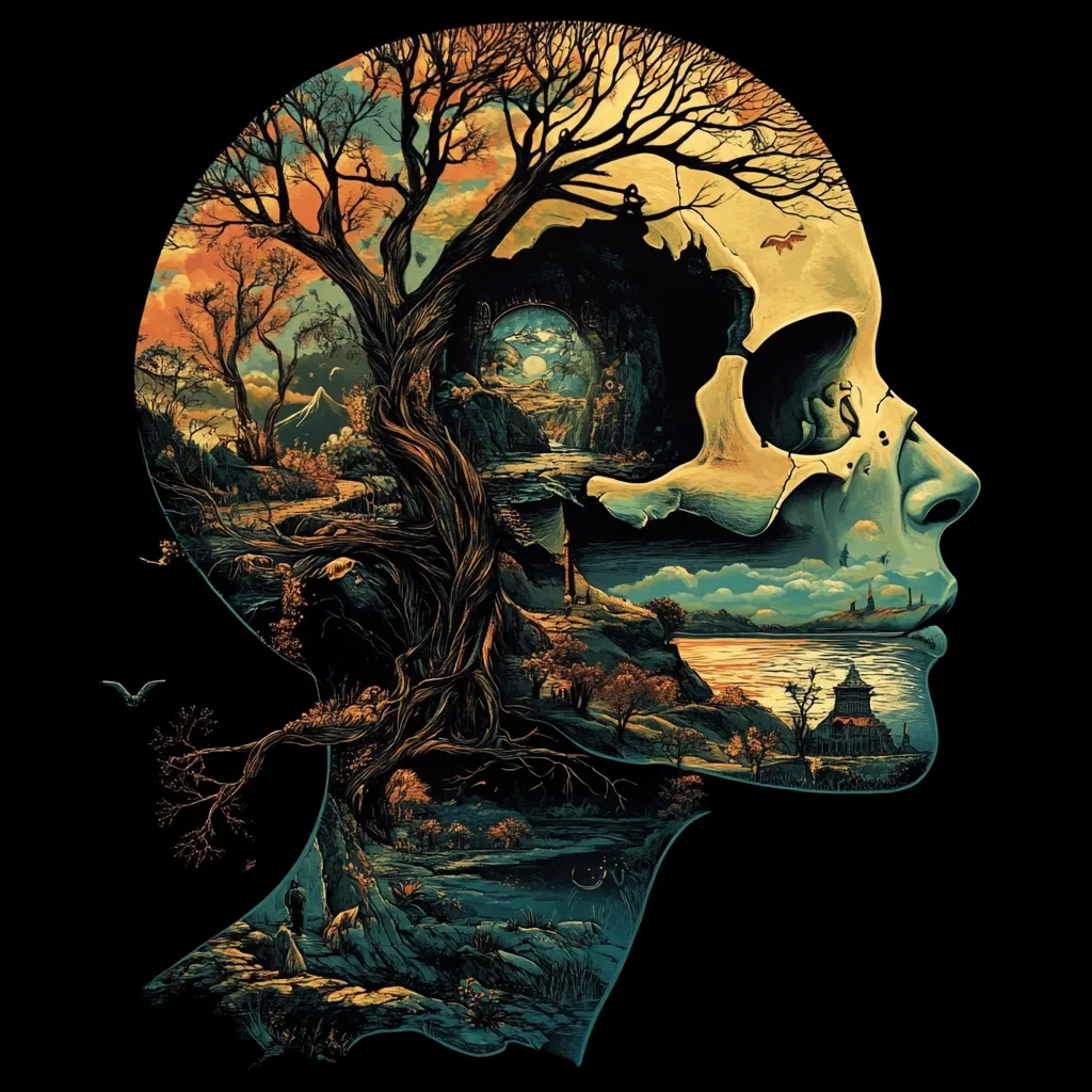 The artwork depicts a side profile of a human head, its interior replaced by a surreal landscape. A large, gnarled tree dominates the scene, its roots intertwining with a skull-like structure.  The landscape features a mystical bridge, a serene lake, and a mysterious building.  The style is dark fantasy, blending organic and skeletal forms in a captivating visual metaphor for the mind's hidden depths and inner worlds.  A small figure is visible at the base of the tree, adding to the scale and suggesting introspection.