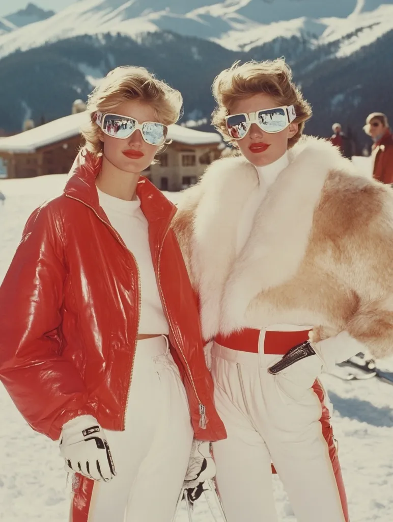Two blonde women in stylish 1980s ski attire pose against a snowy mountain backdrop. One wears a vibrant red ski jacket and white pants, while the other sports a creamy fur jacket over a white turtleneck and matching pants. Both sport large, reflective ski goggles, completing their fashionable and coordinated ski outfits.  The scene evokes a sense of vintage glamour and winter sports.