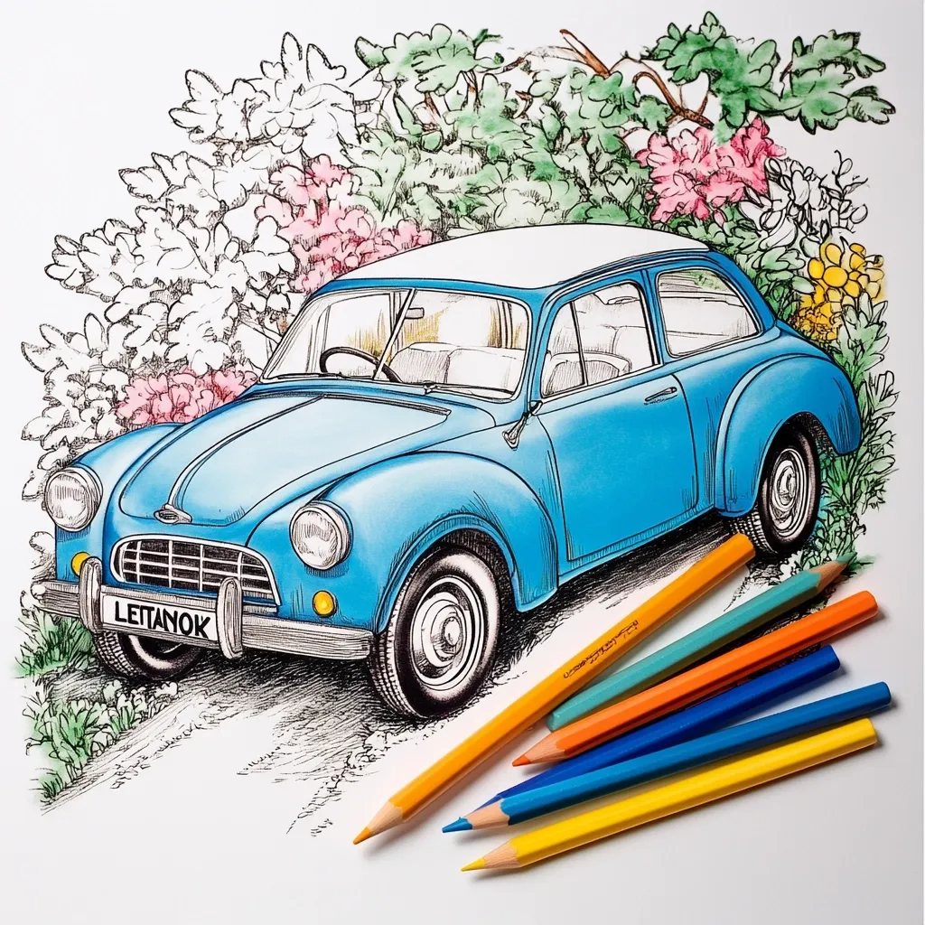A detailed colored pencil drawing showcases a vintage light blue car, possibly a classic European model, parked amidst a lush garden. The car, with a white roof and license plate reading "LETANOK," is depicted with realistic detail, including its chrome accents and tires. The surrounding garden is vibrantly rendered, featuring pink and yellow flowers, and green foliage, creating a charming contrast with the vehicle.  Several colored pencils lie near the drawing, suggesting the artistic process.