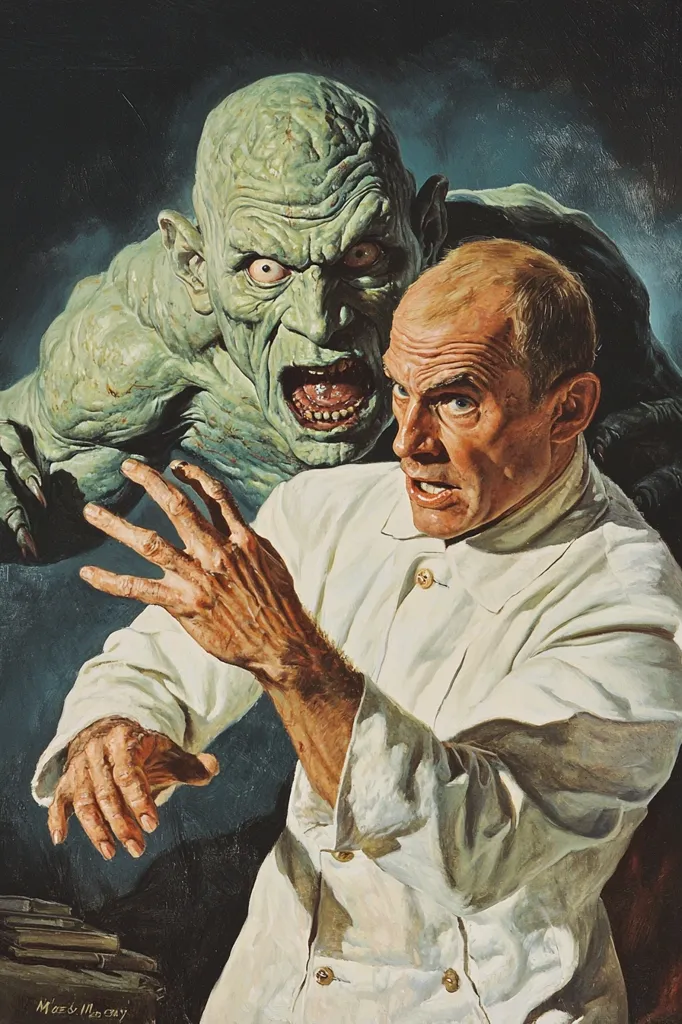 A painting depicts a terrified scientist in a white lab coat, reacting to a monstrous, green-skinned creature looming behind him.  The creature's expression is ferocious, its mouth open in a scream. The scientist's hands are raised defensively, his face contorted with fear. The dark background enhances the dramatic tension between the two figures.  The overall style suggests horror or science fiction.