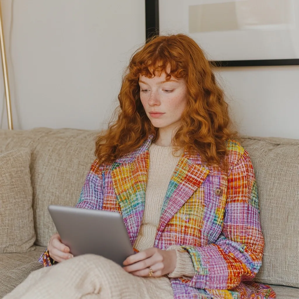 A young woman with vibrant red, curly hair sits on a beige couch, engrossed in a tablet. She wears a colorful, plaid coat over a cream-colored sweater. The room is softly lit, creating a calm and peaceful atmosphere.  Her focused expression suggests she's engaged in a task or enjoying digital content.