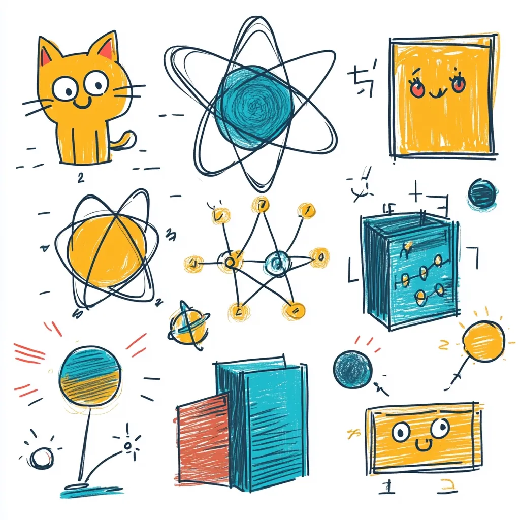 A whimsical collection of crayon-like drawings depicts various scientific concepts.  Atoms, molecules, and simple geometric shapes are playfully combined with a cartoon cat and smiling squares.  The style is childlike and energetic, suggesting a fun approach to learning about science.  Vibrant colors and loose lines contribute to the overall lighthearted feel.