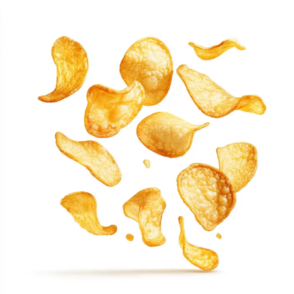 Multiple crispy potato chips float against a white background.  The chips are golden brown, exhibiting variations in shape and size.  They appear light and airy, frozen mid-air, creating a dynamic and appetizing image suggesting a sense of movement and freshness. The overall impression is one of delicious snack food.