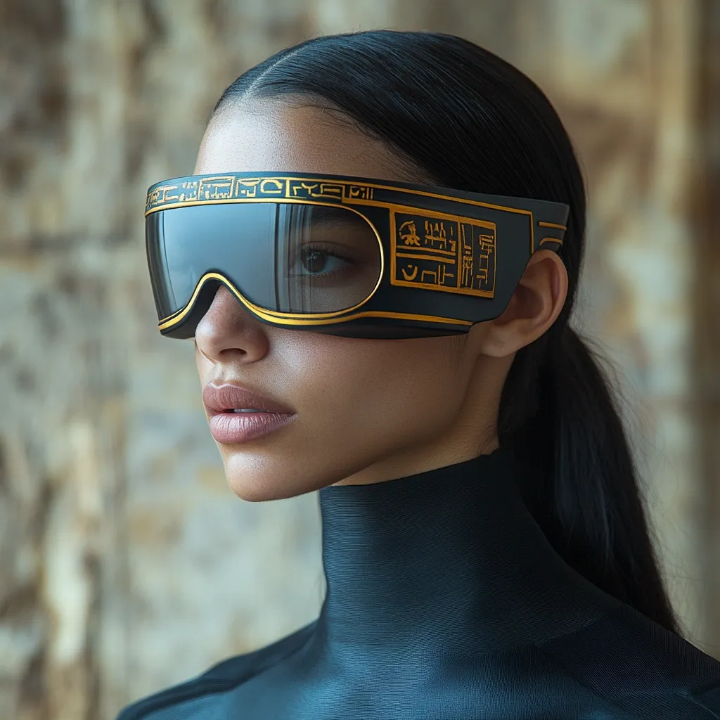 A young woman with long dark hair wears futuristic goggles.  The sleek, black goggles feature gold detailing and what appears to be ancient hieroglyphs or symbols.  She is dressed in a dark turtleneck top, and the background is a blurred, textured stone wall. The overall aesthetic is one of high fashion and technological advancement.