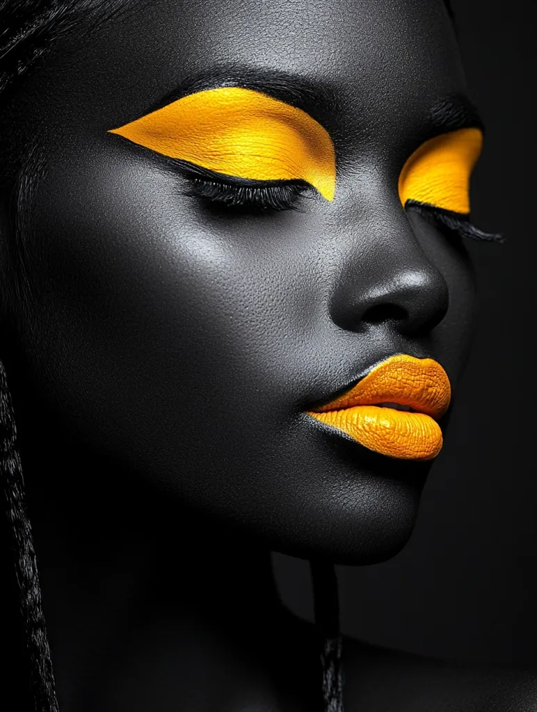 Close-up of a dark-skinned woman's face with dramatic makeup.  Her eyes are closed, and her eyelids are adorned with vibrant yellow eyeshadow in a sharp, angular design.  Her lips are painted a matching bright yellow.  The contrast between her dark skin and the bold yellow creates a striking visual effect.  Her hair appears to be styled in braids. The background is dark and moody, emphasizing the model's features.