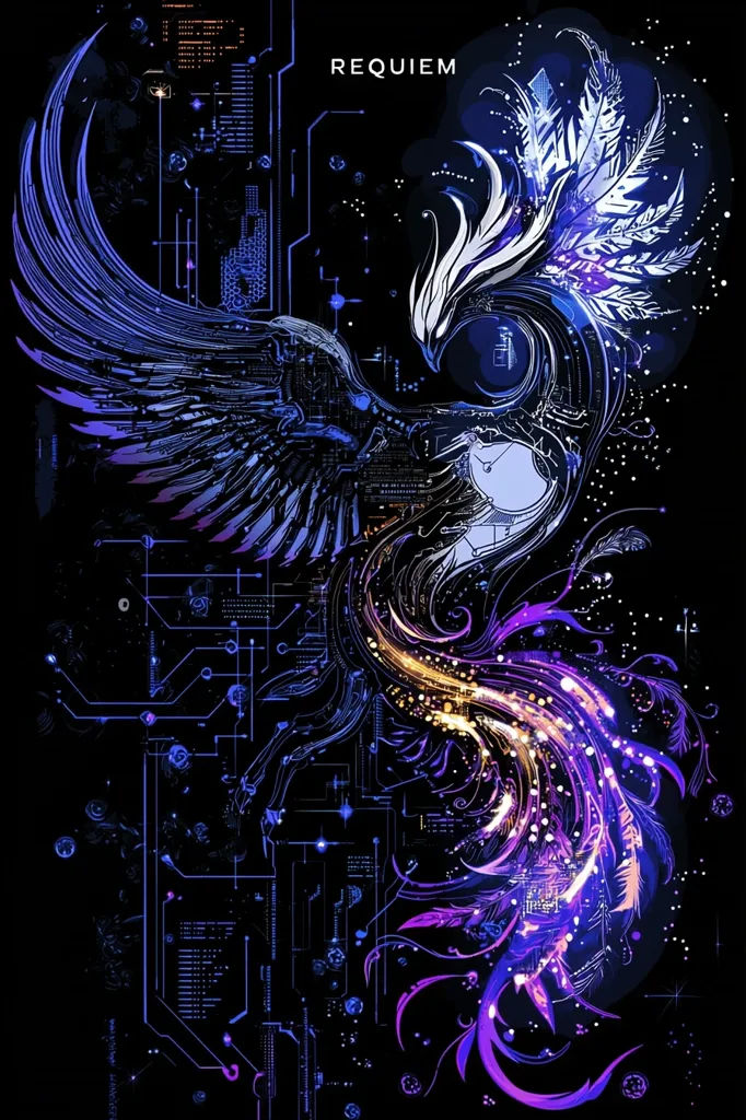A stylized phoenix, rendered in vibrant blues, purples, and golds, is depicted against a backdrop of intricate circuit board patterns.  The image is dark, with the phoenix's fiery plumage contrasting sharply. The word "REQUIEM" is subtly placed at the top, hinting at a theme of loss or remembrance. The artwork blends organic and technological elements, creating a visually striking and evocative piece.