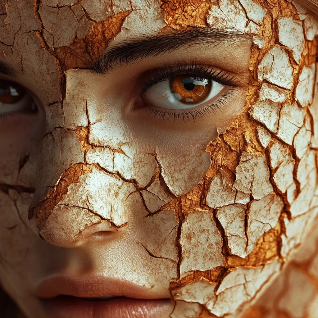 Close-up of a woman's face, digitally altered to appear as if her skin is cracked and dry like parched earth.  The effect is dramatic, highlighting her eye and emphasizing a sense of fragility and vulnerability.  The color palette is earthy, with browns and tans dominating the image.  The overall impression is one of severe dehydration or decay.