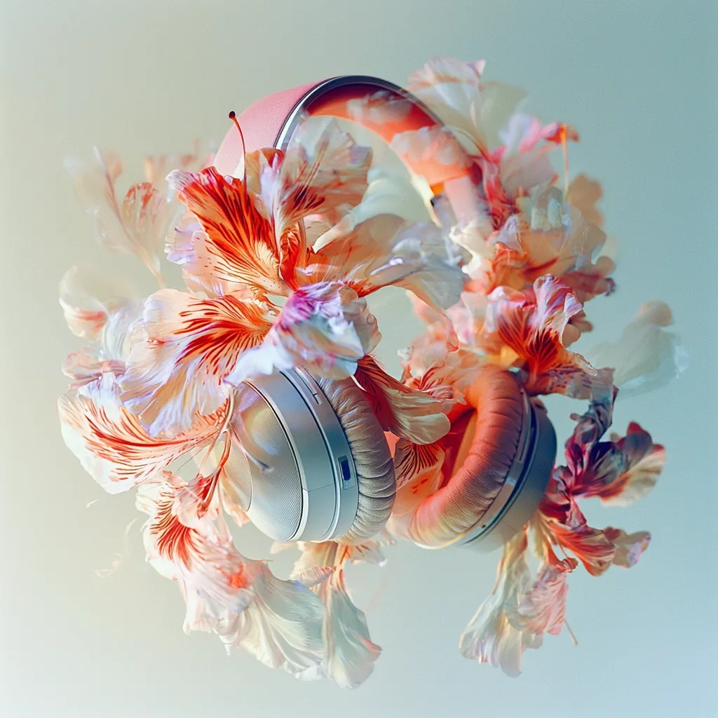 A pair of light pink and white headphones is artfully enveloped by a vibrant explosion of delicate, peach and coral colored flower petals. The image evokes a sense of serenity and the fusion of technology and nature.  The soft lighting and pastel tones create a dreamy, ethereal aesthetic.  The headphones seem suspended mid-air, creating a visually striking and abstract composition.