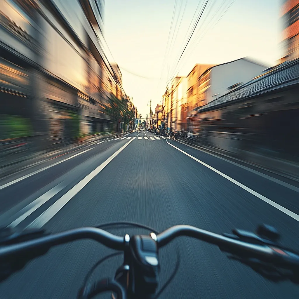 A first-person perspective of a fast bicycle ride down a city street.  Buildings blur in a motion effect, suggesting high speed.  The sun sets, casting a warm glow on the scene.  The road stretches ahead, clean and well-maintained. The handlebars are prominent, emphasizing the cyclist's experience.