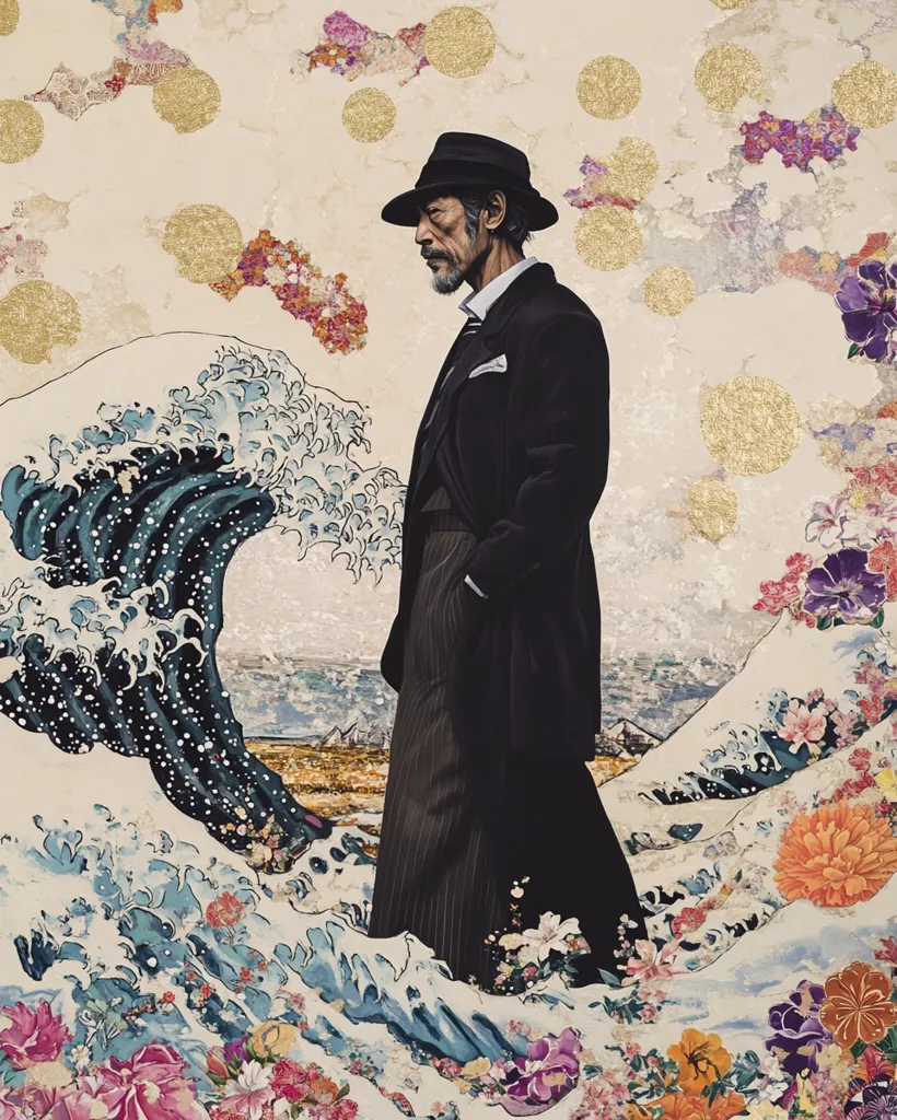An elderly man in a black suit and fedora stands amidst a stylized depiction of The Great Wave off Kanagawa.  He is positioned against a background of gold circles and vibrant floral collage elements. The image blends realism with a painterly, almost collaged aesthetic, juxtaposing the figure with the dramatic wave and ornate floral patterns.  The overall effect is one of serene contemplation and artistic fusion.