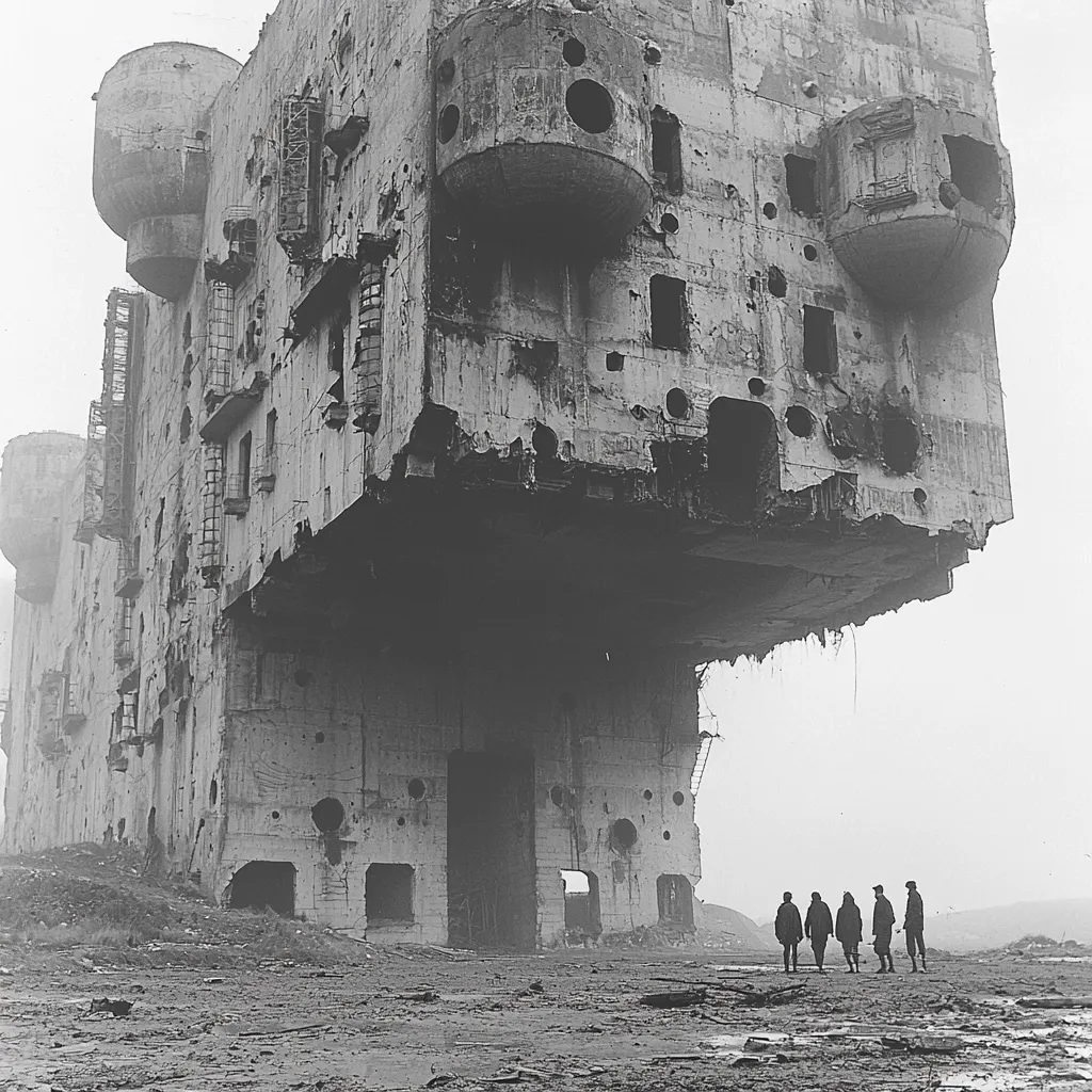 A black and white photograph depicts a severely damaged, large concrete structure, possibly a bunker or factory, leaning precariously.  Its walls are riddled with holes and missing sections, revealing a skeletal interior.  A small group of figures stands in the foreground, providing a sense of scale to the immense, ruined building. The overall atmosphere is somber and evocative of war or disaster.