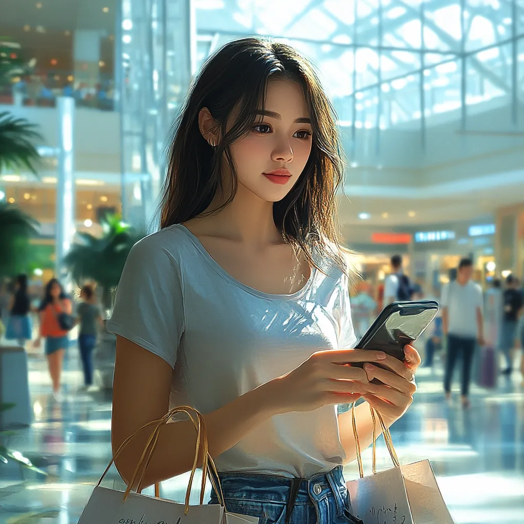 A young woman with long dark hair stands in a bright, modern shopping mall.  She's wearing a light blue t-shirt and jeans, and holds a smartphone in her hands.  Shopping bags hang from her arms. Sunlight streams through the glass ceiling, illuminating her as she looks down at her phone. The background is blurred, showing other shoppers and the mall's architecture. The overall style is digitally painted, with a soft, realistic feel.