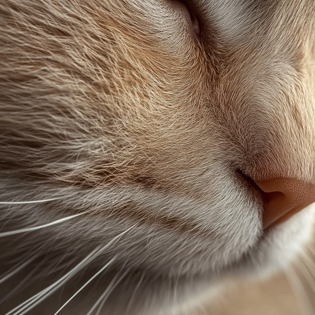 A close-up shot reveals the delicate texture of a cat's face.  Soft, light brown and white fur surrounds a pink nose, with long, fine whiskers extending outwards. The image emphasizes the subtle variations in fur color and the cat's relaxed state, showcasing the intricate details of its facial features.  The focus is sharp, highlighting the individual hairs and the velvety texture of the fur.