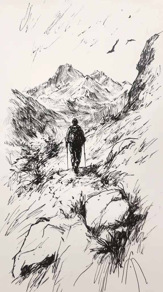 A lone hiker, equipped with trekking poles, traverses a rugged mountain path.  The ink drawing depicts a dramatic landscape, with a towering snow-capped mountain range in the distance.  Birds fly overhead in a clear sky, adding to the sense of vastness and solitude. The style is expressive and impressionistic, capturing the feeling of a challenging but rewarding journey.