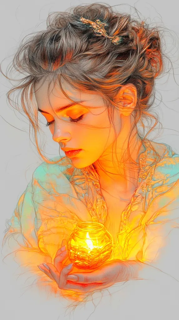 A digital painting of a young woman with an elegant updo, adorned with a gold hairpiece.  She is dressed in a flowing, light-colored garment and delicately cradles a glowing glass orb, radiating a warm, orange light that illuminates her features. Her expression is serene and thoughtful, creating a mystical and ethereal atmosphere. The style is reminiscent of fantasy art, with soft, blended colors and delicate linework.