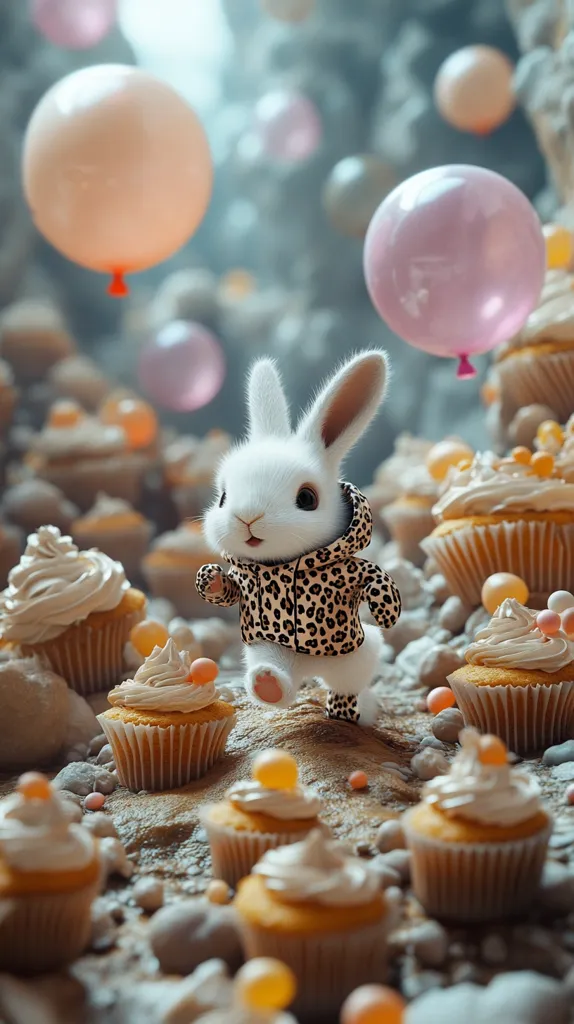 A cute white rabbit, wearing a leopard-print jacket, stands amidst a whimsical scene of cupcakes and pastel-colored balloons.  The cupcakes are frosted with creamy swirls and scattered with colorful candies. The background suggests a cave or whimsical landscape. The overall mood is playful and festive, like a birthday party for a very special bunny.