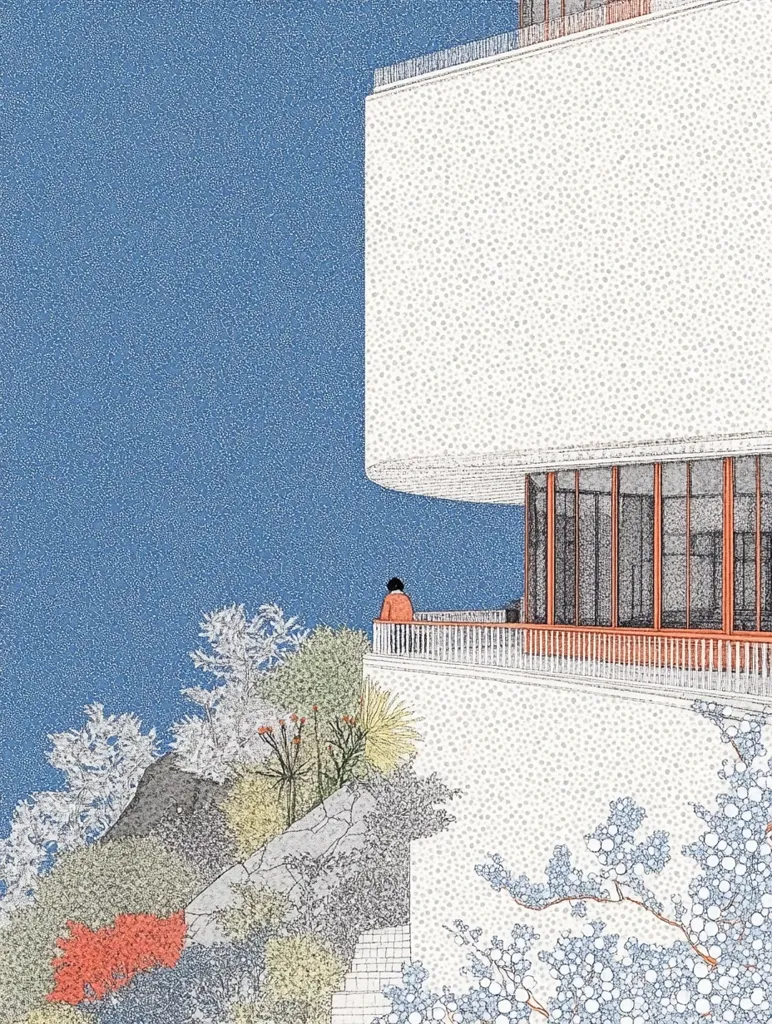 A stylized illustration depicts a modern, white building perched on a hillside.  A person in orange stands on a balcony overlooking a garden of meticulously rendered plants and rocks.  The building's curved section and large windows contrast with the textured, pointillist style of the artwork. The background sky is a solid, muted blue.  The overall aesthetic is minimalist and serene.
