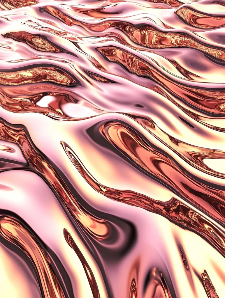 The image showcases a mesmerizing abstract depiction of liquid metal, possibly rose gold or copper.  Its undulating surface creates a dynamic flow of shimmering highlights and subtle shadows. The color palette ranges from soft pinks to rich, warm oranges, giving the impression of a smooth, luxurious, and reflective substance. The texture is highly polished, capturing and reflecting light in a captivating manner.