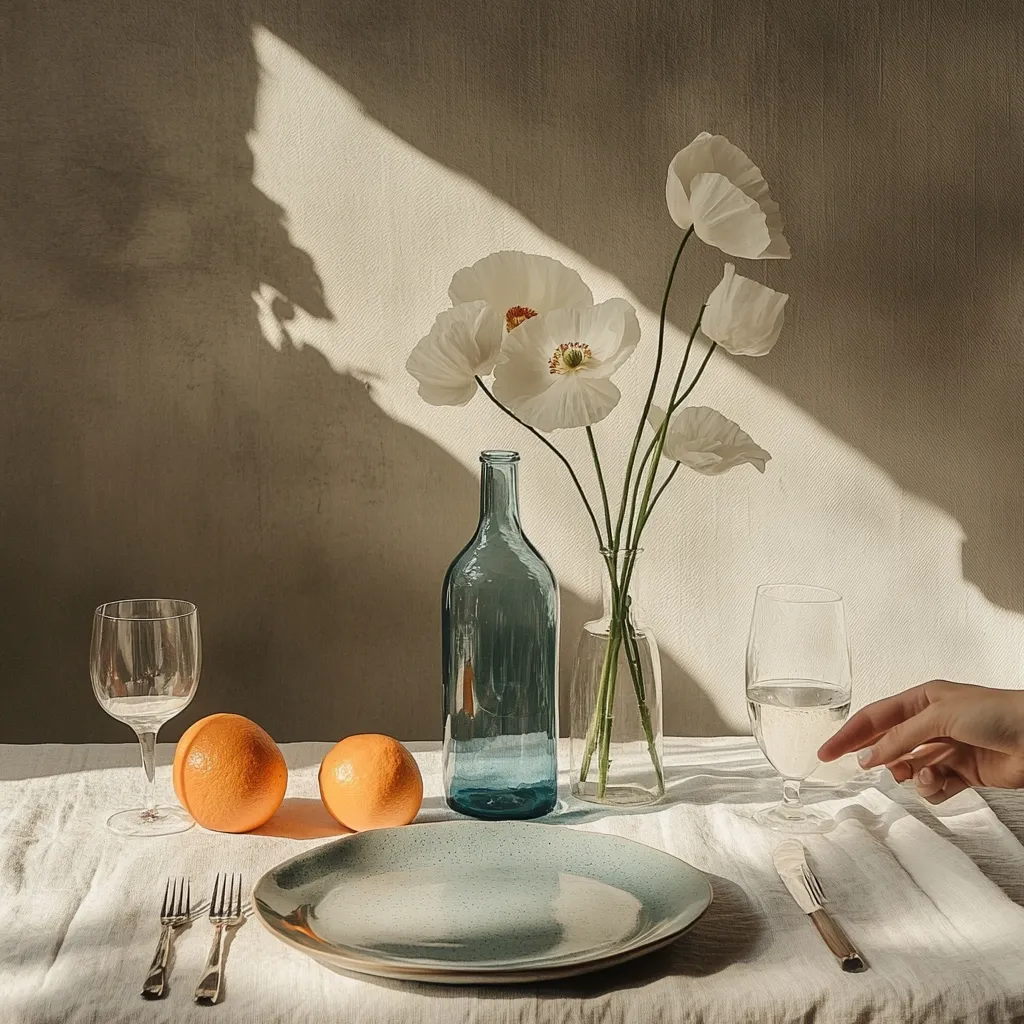 A sunlit table is set with a teal plate, silverware, and two glasses.  White poppies in a clear vase and a teal bottle are the centerpiece.  Two oranges sit beside the plate. A hand gently rests near a glass of water, adding a touch of human presence to the still life composition. The scene is serene and subtly elegant, highlighted by the play of light and shadow on the textured wall.