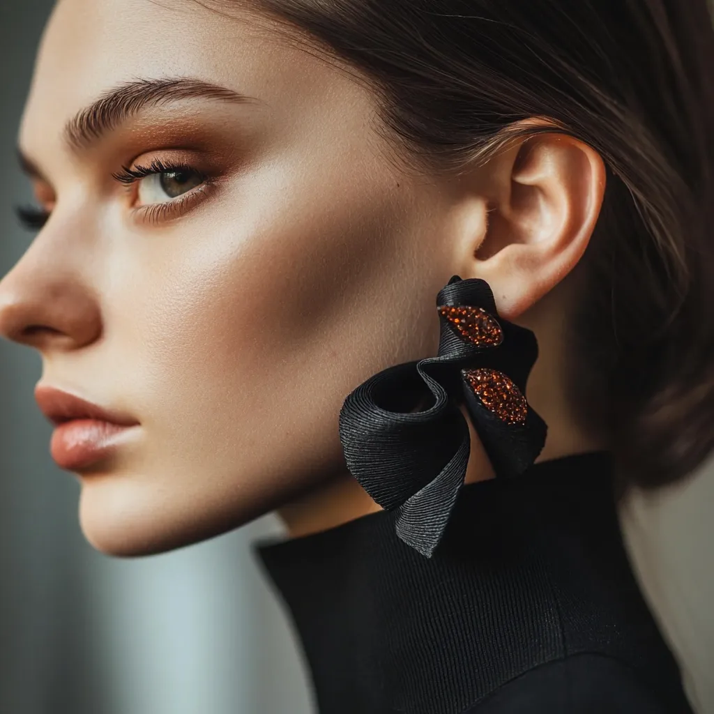 Close-up profile view of a woman with flawless makeup, showcasing her left profile and ear adorned with a large, black fabric bow earring embellished with small, dark orange crystals.  Her dark hair is pulled back, highlighting her delicate features and the sophisticated earring.  She wears a black turtleneck. The image focuses on beauty and jewelry detail.