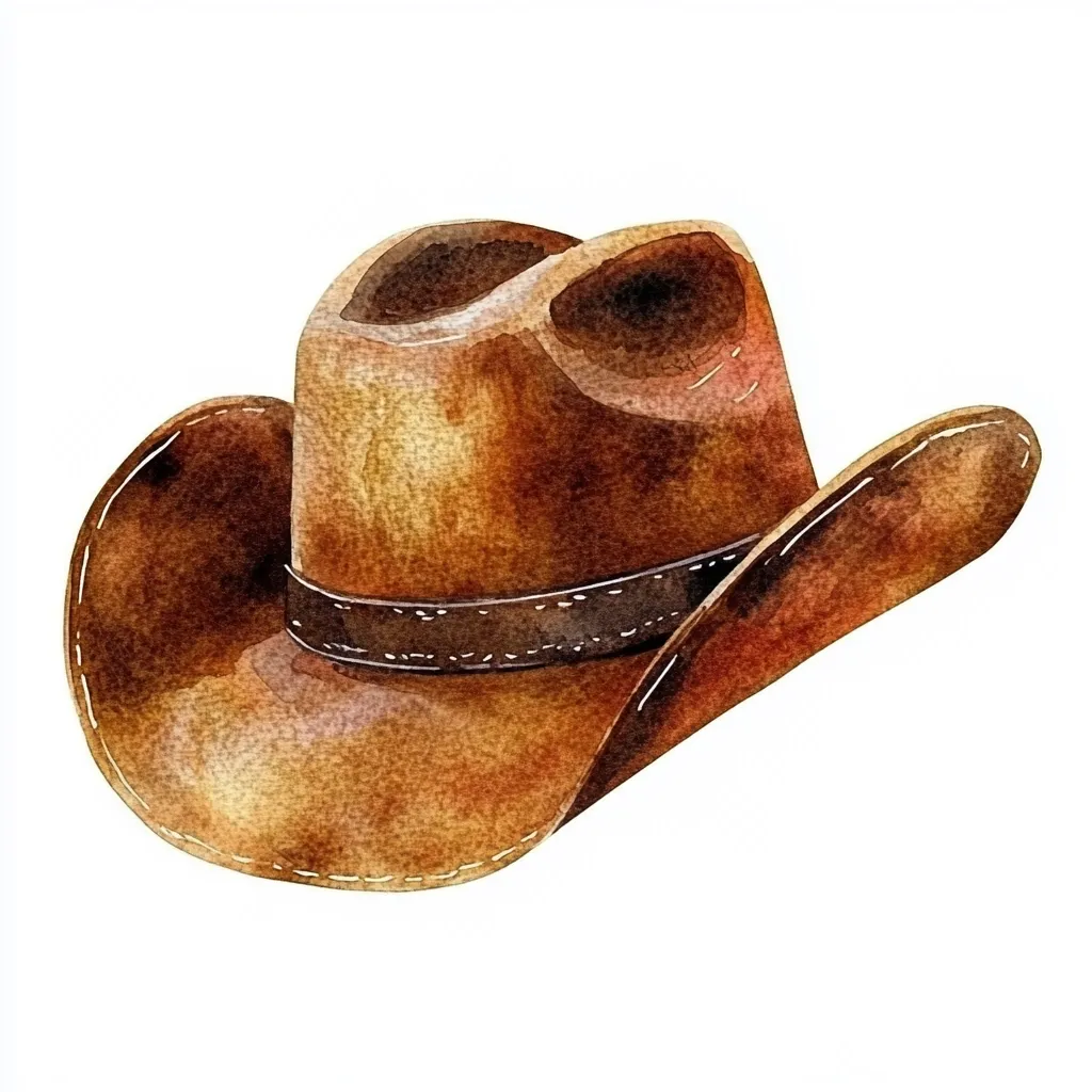 A watercolor painting of a brown cowboy hat. The hat is angled slightly to the left, showcasing its wide brim and detailed crown.  The leather appears worn, adding to its rustic charm. A darker brown band encircles the crown, adding a subtle contrast to the overall light brown hue. The hat is depicted against a clean white background, making it the clear focal point.
