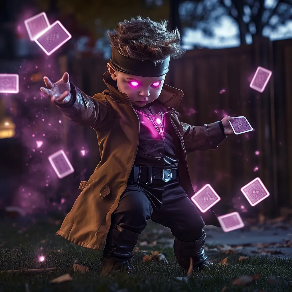A toddler is dressed in a Gambit costume, complete with a brown trench coat and black outfit.  Glowing pink playing cards surround him, adding a magical effect.  His eyes glow pink, enhancing the illusion of his superhero persona. The image is dark, with a nighttime setting, emphasizing the dramatic flair of the costume and special effects.  The overall impression is one of playful fantasy.