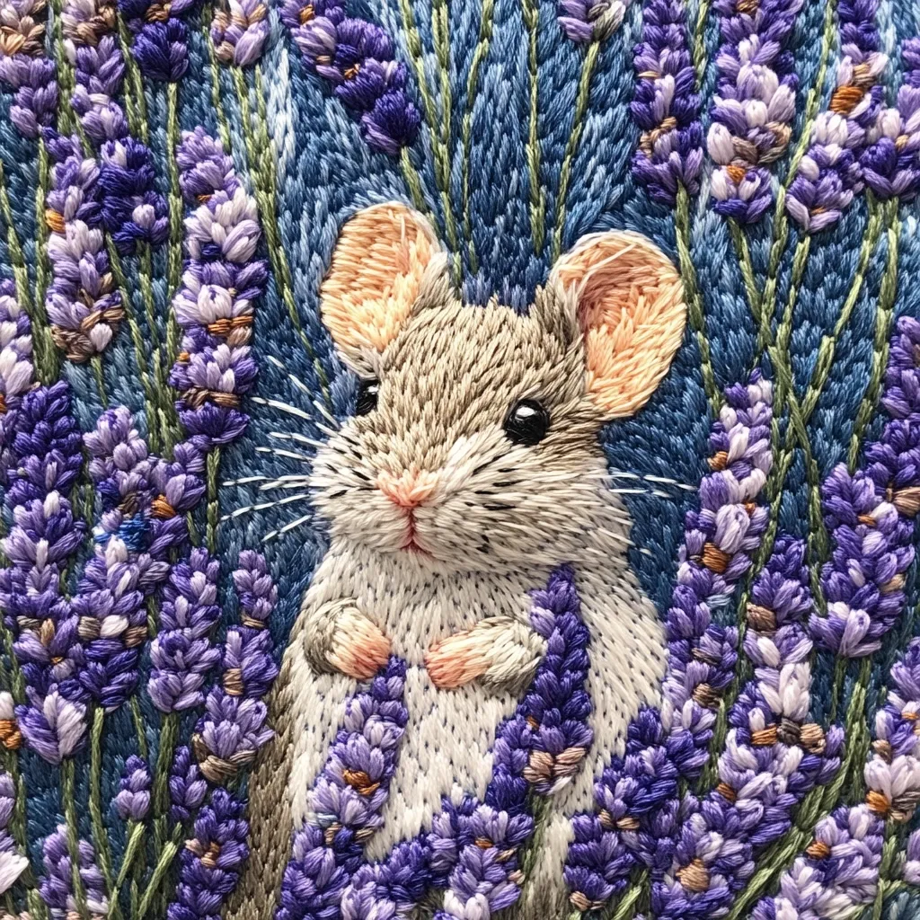 A meticulously detailed embroidery depicts a charming mouse nestled amongst a vibrant field of lavender.  The mouse's fur, ears, and whiskers are rendered with exceptional realism through skillful stitching, contrasting beautifully with the rich purple and green tones of the lavender blossoms. The background features a soft blue, enhancing the overall peaceful and idyllic scene.