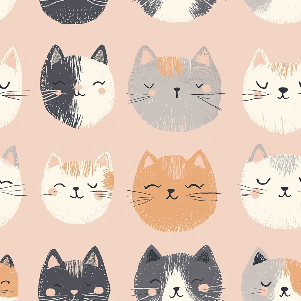 A charming seamless pattern features adorable cartoon cat faces in various colors and patterns.  The cats have simple, happy expressions and soft, textured appearances. The pastel pink background complements the cheerful designs, creating a playful and inviting aesthetic suitable for fabric, wallpaper, or other decorative applications.  The repeating pattern showcases a diverse collection of cute feline friends.