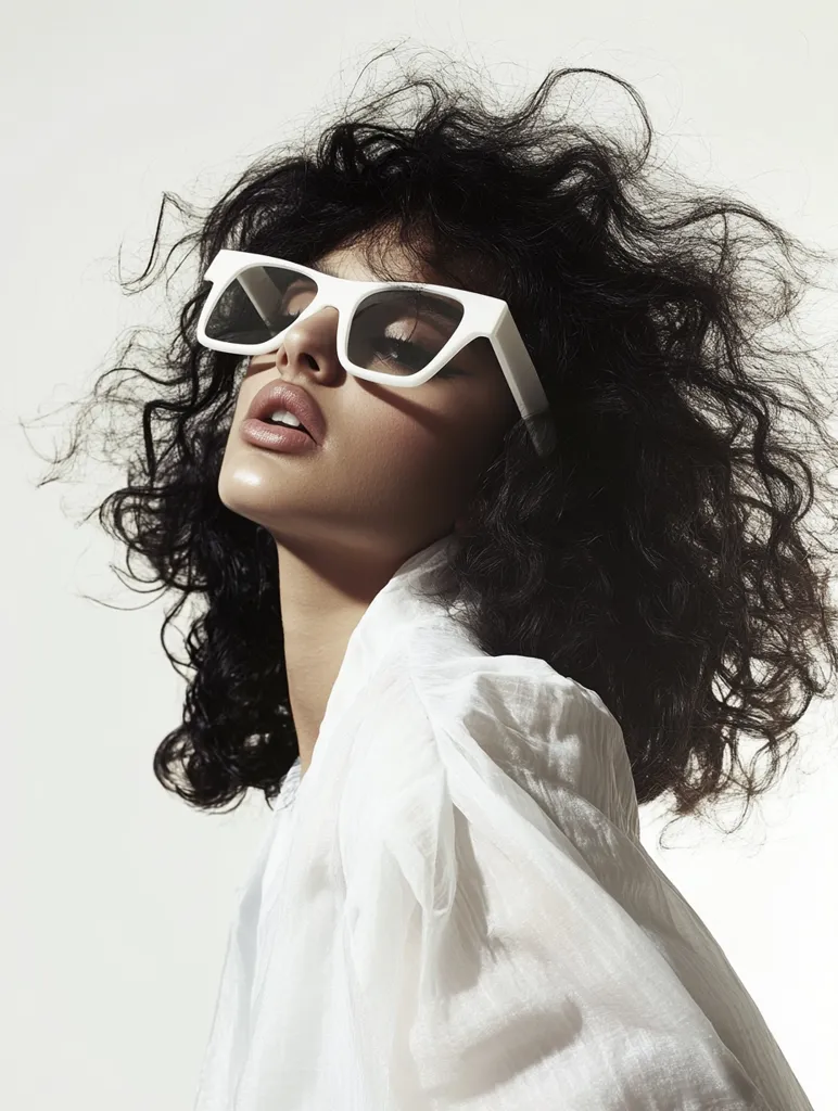 A young woman with dark, curly hair wears oversized white square sunglasses and a sheer white blouse.  Her pose is slightly angled, head tilted upward, showcasing a confident and stylish expression. The image is minimalist, with a clean white background focusing attention on the model and her accessories. The overall aesthetic is modern and fashion-forward.