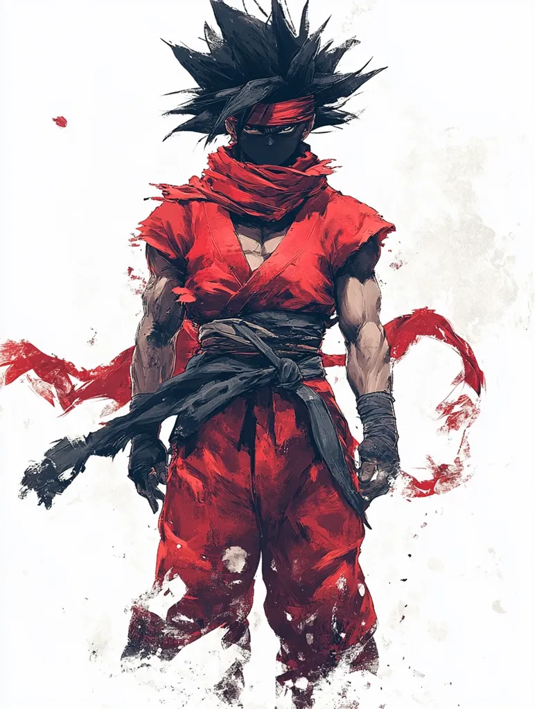 A stylized illustration depicts a muscular male figure, possibly a ninja or martial artist.  He's clad in a vibrant red, loose-fitting outfit, a black belt cinched at his waist, and a red head covering concealing his face except for his eyes. His spiky black hair and intense pose convey power and mystery against a white backdrop with splashes of red paint, suggesting movement or energy.  The overall style is dynamic and slightly abstract.