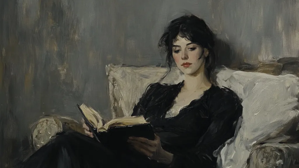 A woman with dark hair sits in a plush armchair, engrossed in a book.  She's dressed in a dark, loose-fitting gown. The painting's palette is muted, dominated by greys and blacks, creating a somber yet elegant mood. The artist uses loose brushstrokes, visible in the texture of the fabric and the background, adding depth and character to the portrait. The overall impression is one of quiet contemplation and introspective reading.