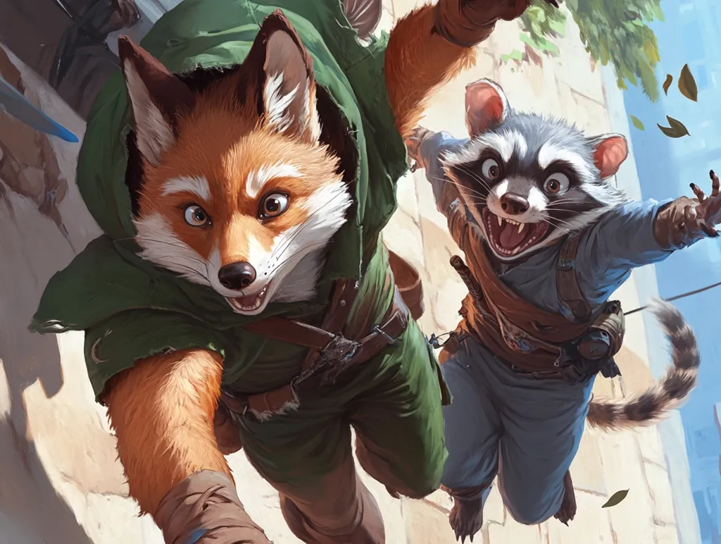 A vibrant illustration depicts a red fox and a raccoon, anthropomorphic characters, mid-leap.  The fox, wearing a green tunic, is in the foreground, while the raccoon, in blue attire, follows closely behind. Both characters exhibit cheerful expressions, their fur detailed and lifelike. The backdrop suggests a stone building, with leaves falling, enhancing the dynamic scene.  Their postures and expressions convey a sense of playful adventure.