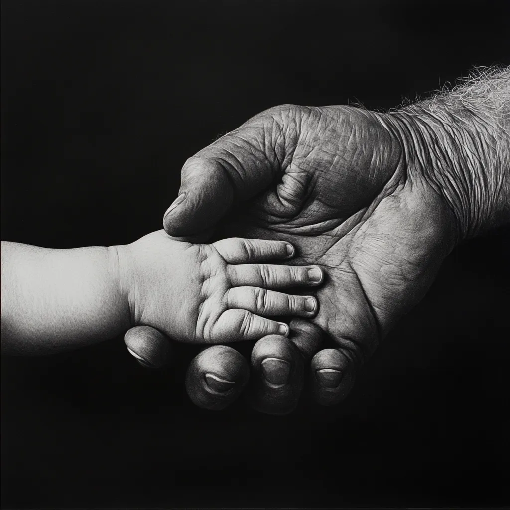A striking black and white drawing depicts the tender connection between generations. A weathered, aged hand gently cradles the tiny hand of a baby.  The contrast between the wrinkled skin of the older hand and the smooth skin of the infant's hand emphasizes the passage of time and the enduring nature of love and family. The dark background isolates the hands, drawing focus to the powerful image of intergenerational bond.