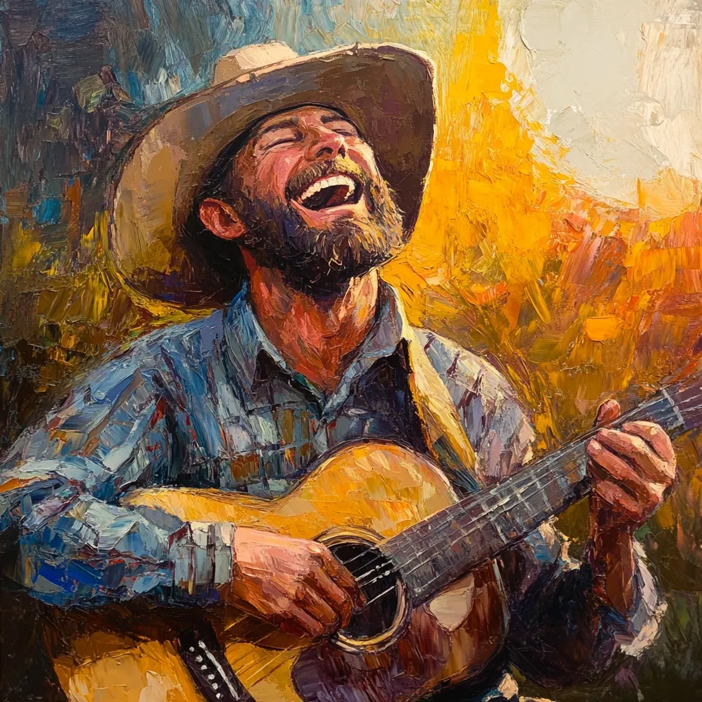 A vibrantly painted portrait depicts a joyful, bearded man in a cowboy hat, passionately playing an acoustic guitar.  His head is tilted back, mouth open in a joyous laugh, his expression radiating pure happiness. The impasto style of the painting emphasizes texture and movement, with bold strokes of color creating a dynamic and emotional scene. The warm background suggests a sun-drenched outdoor setting.