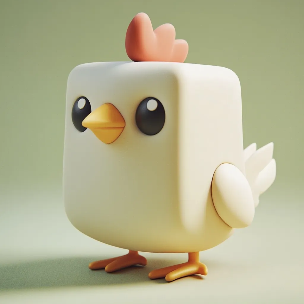 A charming, cubic chick rendered in 3D boasts large, expressive eyes and a small, peach-colored comb. Its body is predominantly off-white, with orange feet and a simplified, cartoonish design.  The chick's overall appearance is cute and playful, suggesting a character from a children's animation or game. The background is a muted green, complementing the soft tones of the chick.