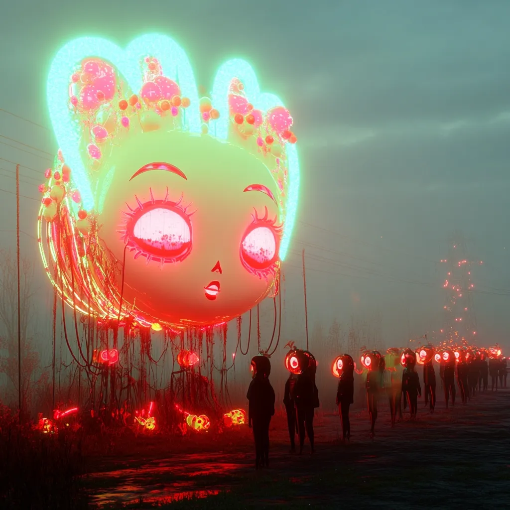 A giant, neon-lit cartoon face hovers over a desolate landscape.  Its features are exaggerated, with large eyes and a surprised expression.  Below, a line of figures in dark suits and helmet-like masks walk away, dwarfed by the colossal head. The scene is surreal and otherworldly, bathed in red and green hues, creating a striking contrast between the whimsical face and the somber atmosphere.  The overall mood is eerie yet captivating.