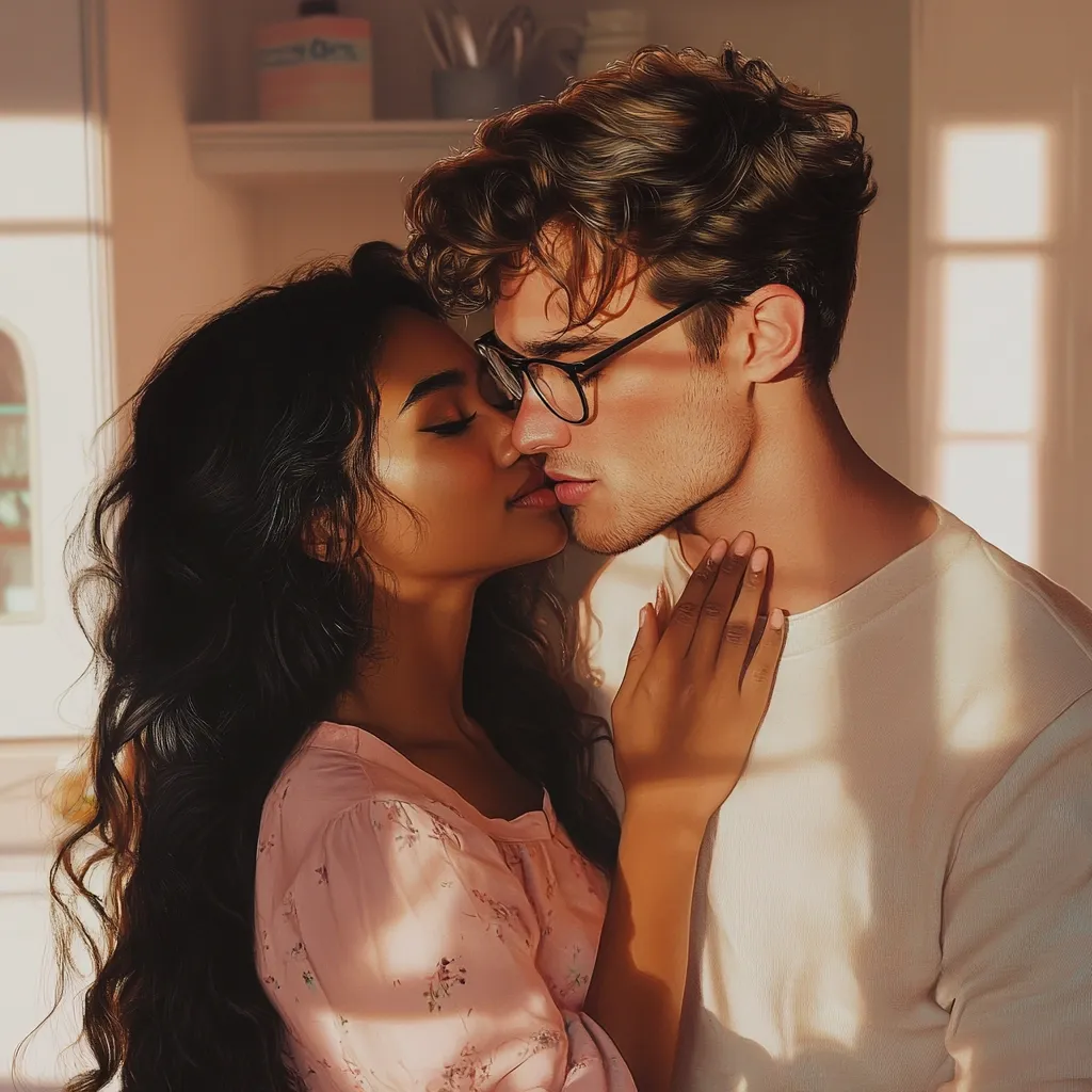 A young couple, a man with curly brown hair and glasses and a woman with long dark hair, stand close, on the verge of a kiss.  Warm sunlight streams through a nearby window, casting shadows on their faces and clothes. The woman wears a pale pink floral blouse.  The intimate moment is captured in a soft, romantic style.