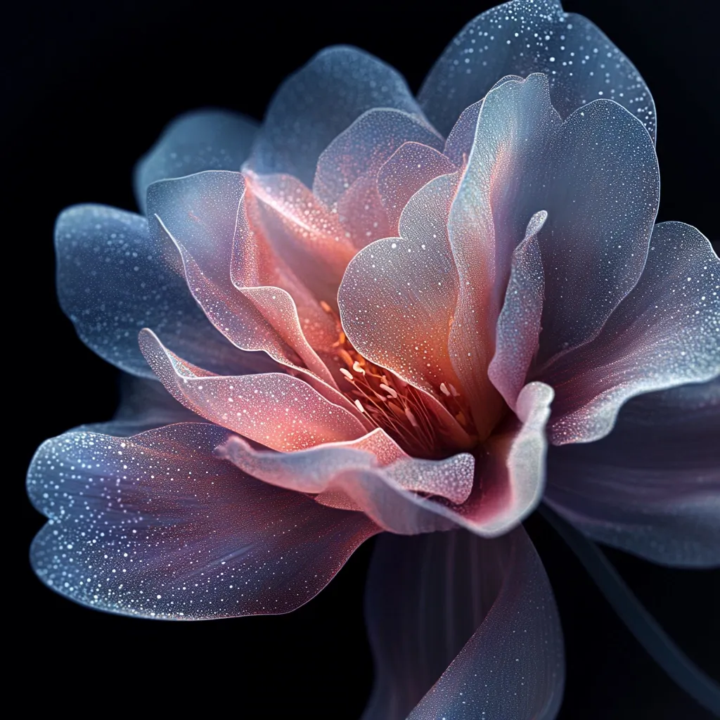 A close-up reveals a single, ethereal flower, its delicate petals adorned with glistening dewdrops.  The petals transition subtly from cool blues and grays at the edges to warm, peachy hues at the center.  The image is dramatically lit against a stark black background, highlighting the flower's translucent texture and intricate details. The overall effect is one of delicate beauty and otherworldly elegance.
