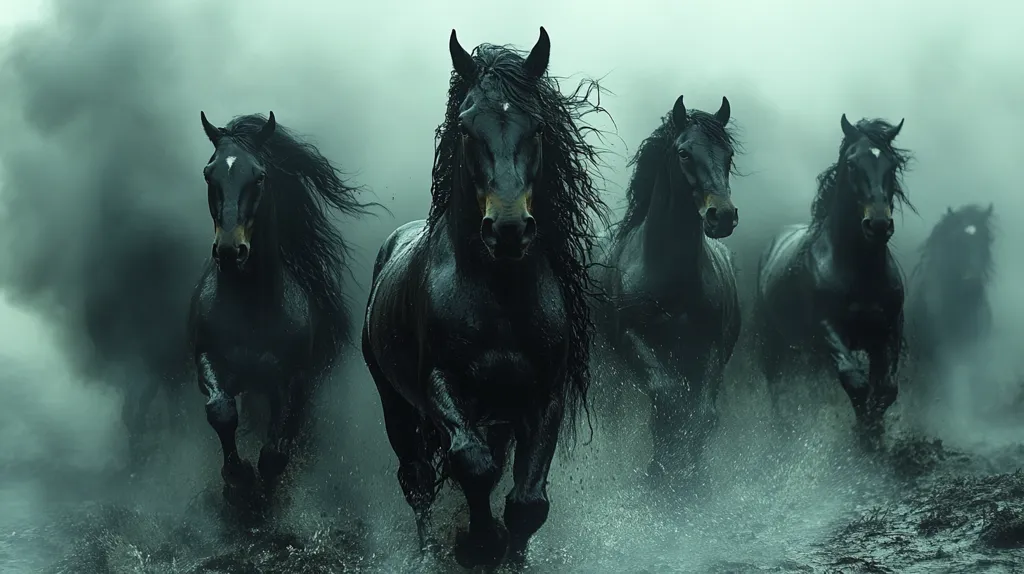 A breathtaking image captures a herd of majestic black horses galloping through a misty, watery landscape.  Their long, flowing manes and tails whip in the wind as they charge forward, creating a dramatic and ethereal scene.  The dark, moody atmosphere enhances the power and beauty of these magnificent animals. The central horse leads the charge, its intense gaze captivating the viewer.