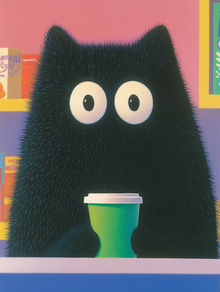 A fluffy black cat with large, expressive eyes sits at a counter, holding a bright green disposable coffee cup.  The cat's fur is intensely detailed, contrasting with the simplified shapes of the cup and the muted pink and purple background.  Bookshelves are visible behind the cat, adding to the cozy, everyday scene. The artwork is characterized by bold colors and a playful, slightly surreal style.