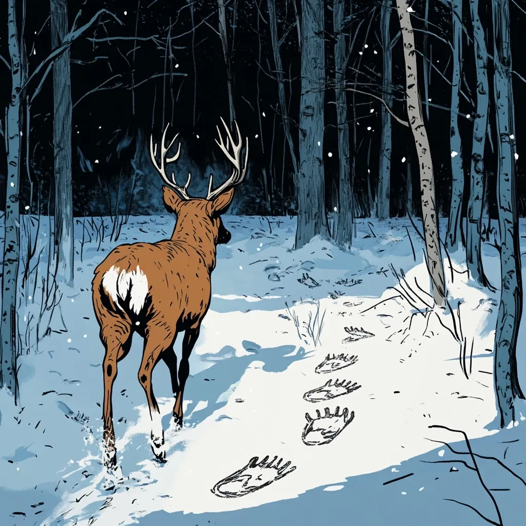 A lone buck with large antlers walks away from the viewer down a snowy path in a dark forest.  The path shows a trail of large bear paw prints leading towards the deer.  The scene is rendered in a stylized, slightly muted color palette, evoking a sense of winter stillness and perhaps a hint of danger.