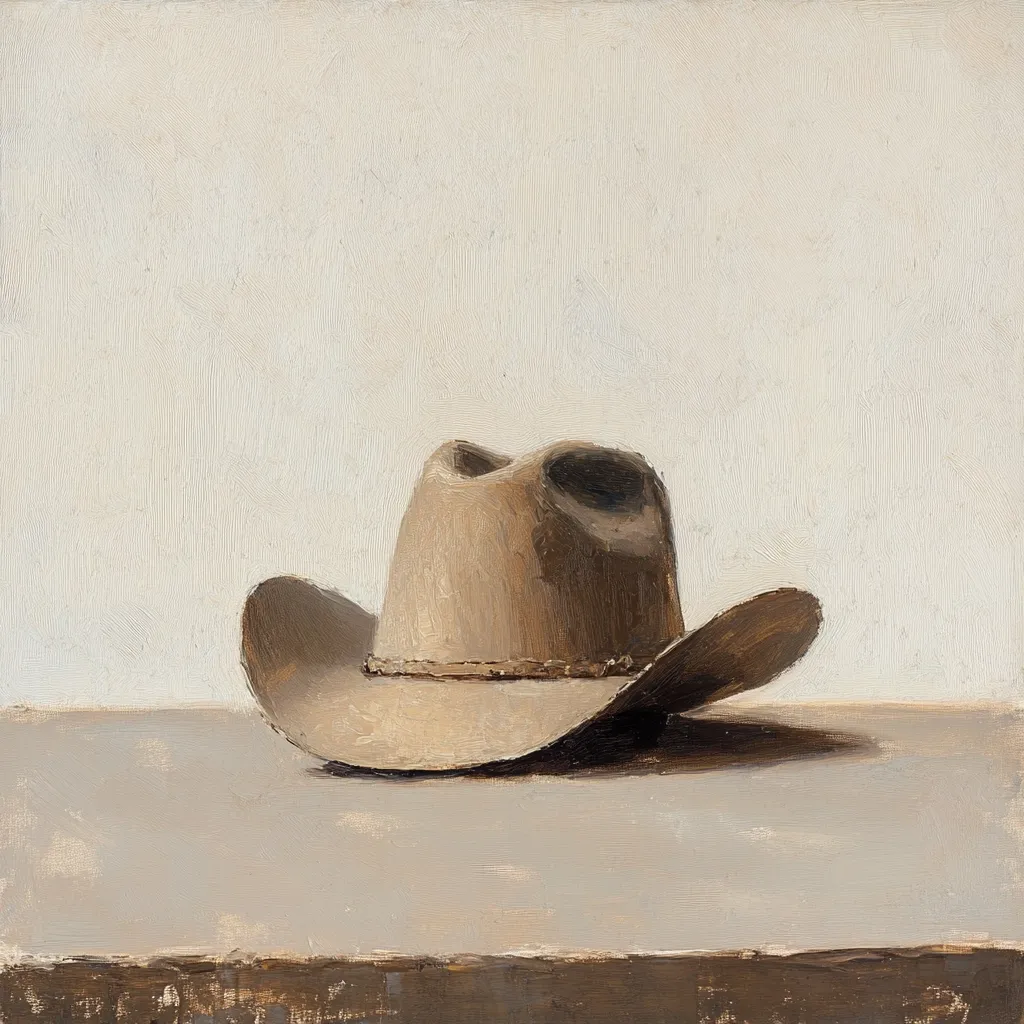 A tan cowboy hat rests on a light gray surface against a muted off-white background. The hat is slightly askew, casting a subtle shadow. The painting style is loose and impressionistic, with visible brushstrokes.  The overall mood is quiet and contemplative, suggesting a sense of stillness and perhaps absence.