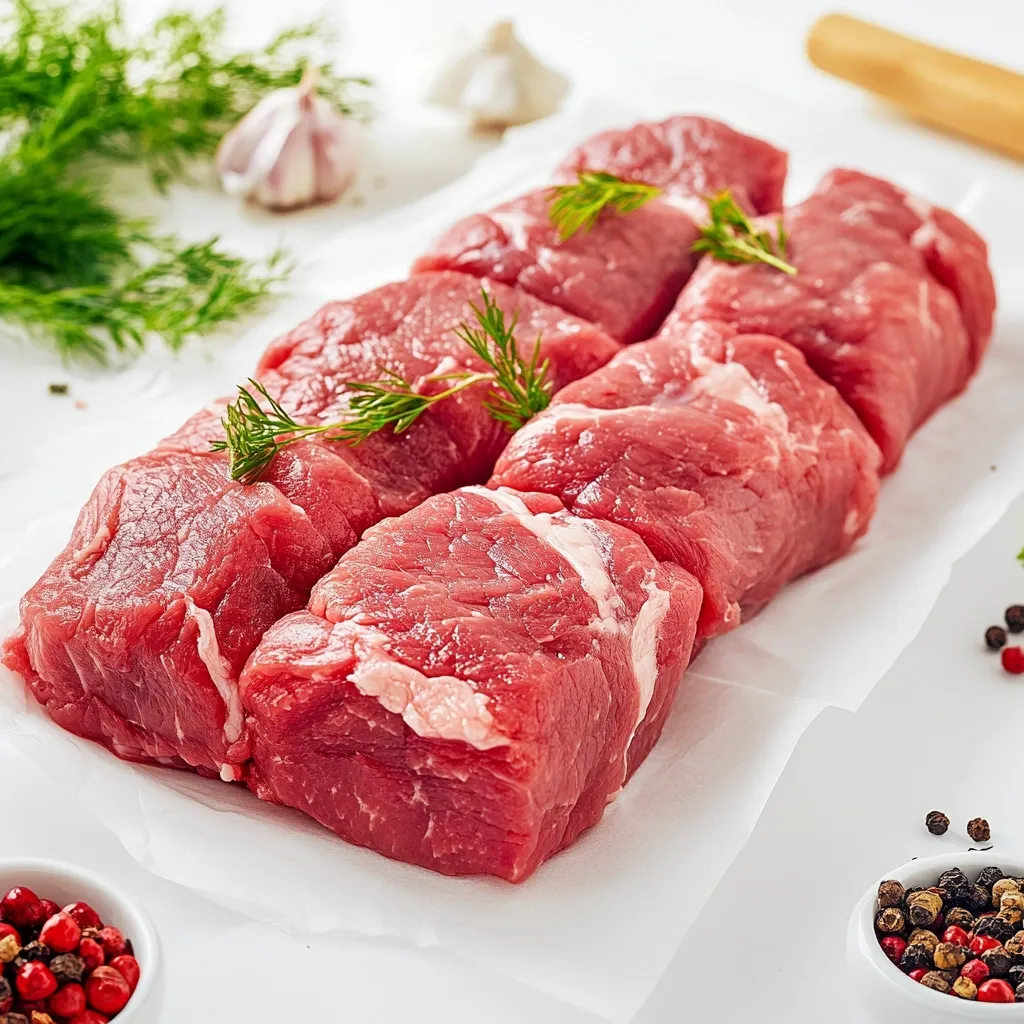 Six cubes of raw red meat, possibly lamb or beef, are arranged neatly on white parchment paper.  Garnished with fresh dill sprigs, they are surrounded by peppercorns and garlic cloves, suggesting preparation for a flavorful dish. The overall presentation is clean and appetizing, highlighting the fresh quality of the meat.