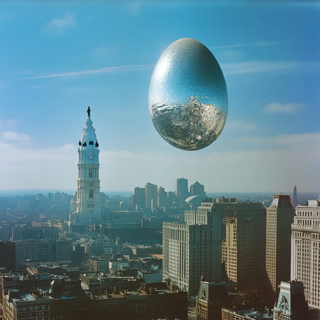 A large, reflective, egg-shaped object hovers in the sky above Philadelphia.  The city skyline, featuring the iconic City Hall clock tower, stretches out below. The image presents a surreal juxtaposition of the everyday and the extraordinary, creating a sense of wonder and unease. The clear blue sky provides a stark contrast to the urban landscape.