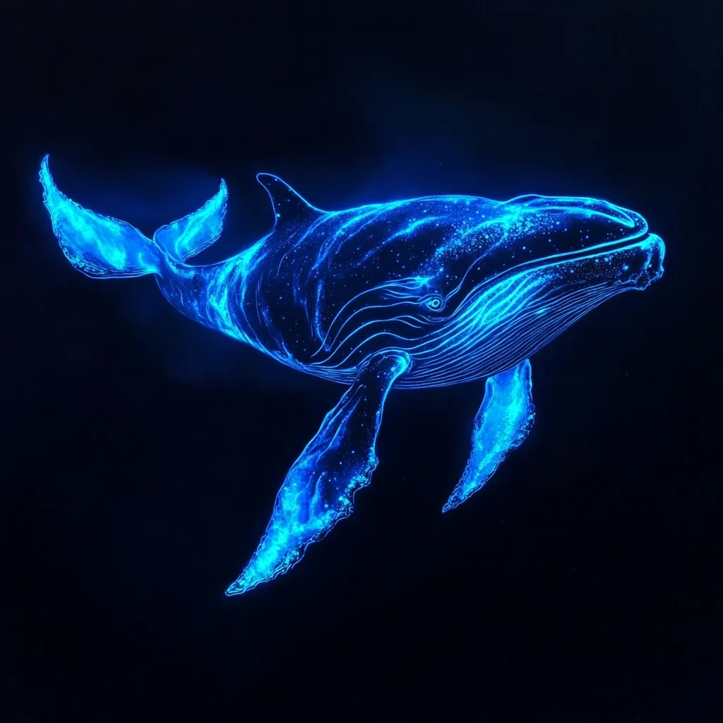 A vibrant, blue-glowing humpback whale is depicted against a dark background.  Its form is rendered in a style that suggests energy or starlight, with the whale appearing almost ethereal.  The image evokes a sense of wonder and the mystery of the deep ocean.  Fine lines detail the whale's body, and the overall effect is both artistic and captivating.