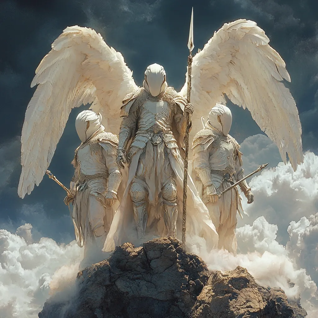 Three angelic figures, clad in pristine white armor and helms, stand atop a rocky peak amidst clouds.  A central figure, larger and with expansive white wings, holds a spear.  The flanking figures each wield a shorter staff-like weapon.  The scene evokes a sense of divine power and celestial guardianship, bathed in ethereal light against a dramatic sky.