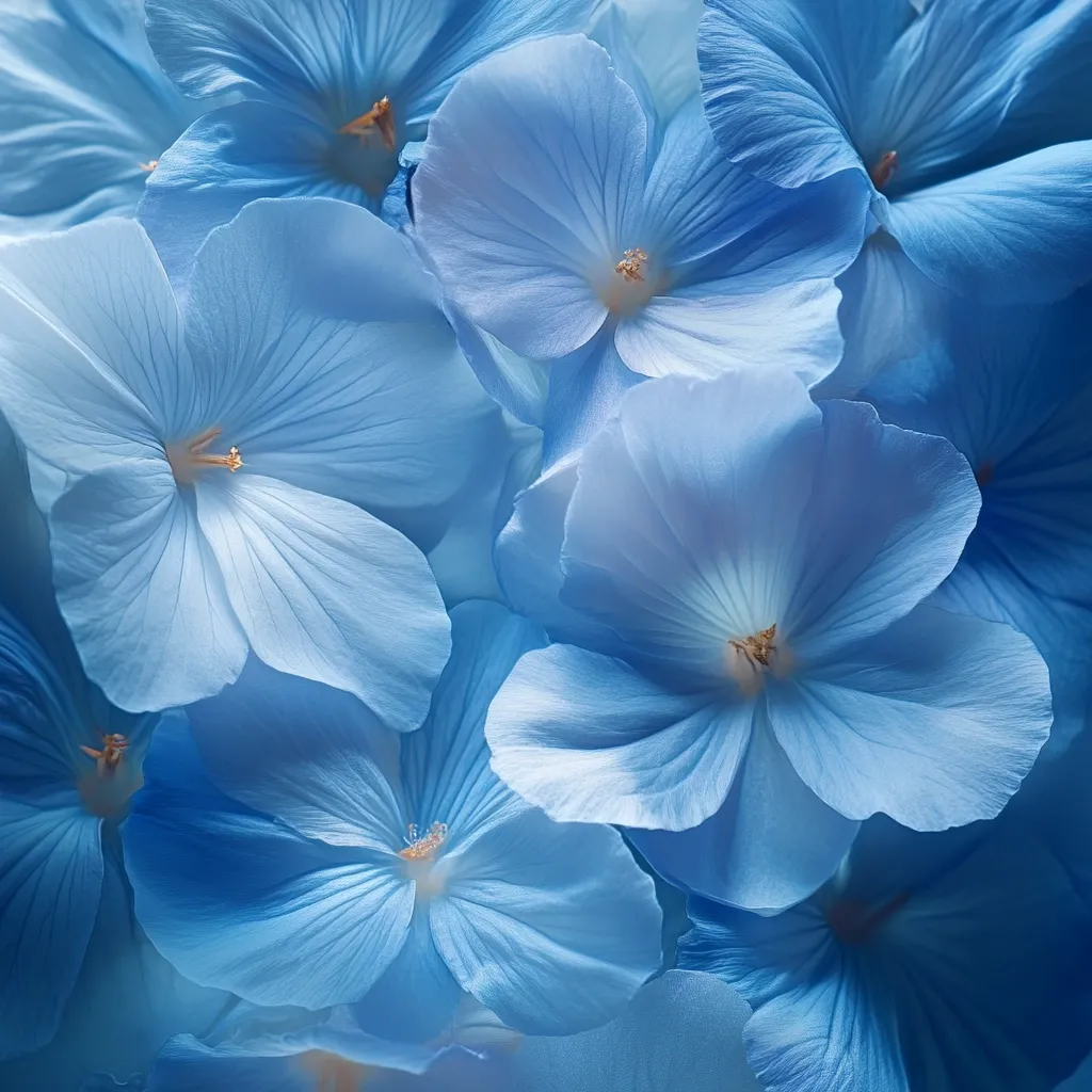 A close-up image showcases a cluster of delicate, light blue flowers.  Their soft petals overlap, creating a textured and dreamy effect.  The subtle variations in shade and the gentle curve of each petal contribute to a feeling of serenity and beauty.  The image's focus is on the intricate details of the blossoms, creating a calming and visually appealing composition.