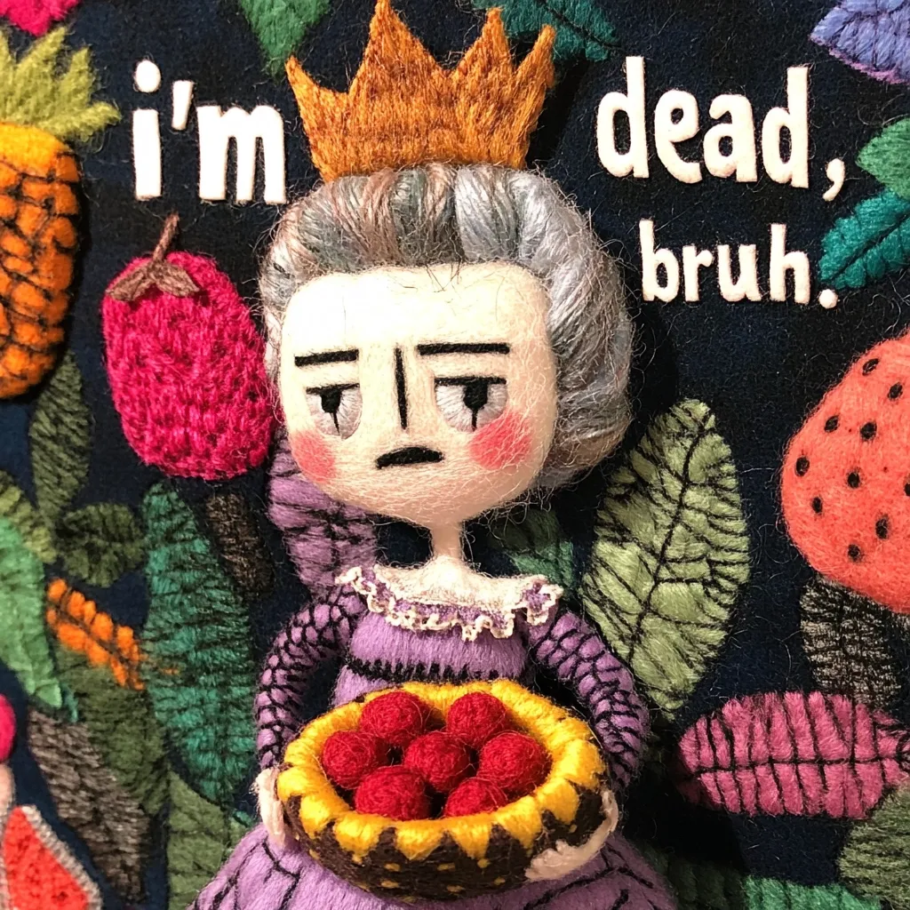 A needle-felted queen, adorned with a crown, holds a bowl of raspberries.  Her expression is one of weary displeasure. The background features embroidered fruits and foliage, and the text "I'm dead, bruh" is stitched above her.  The overall style is whimsical yet slightly morbid. The piece is crafted with a mix of textures and colors, creating a visually rich artwork.