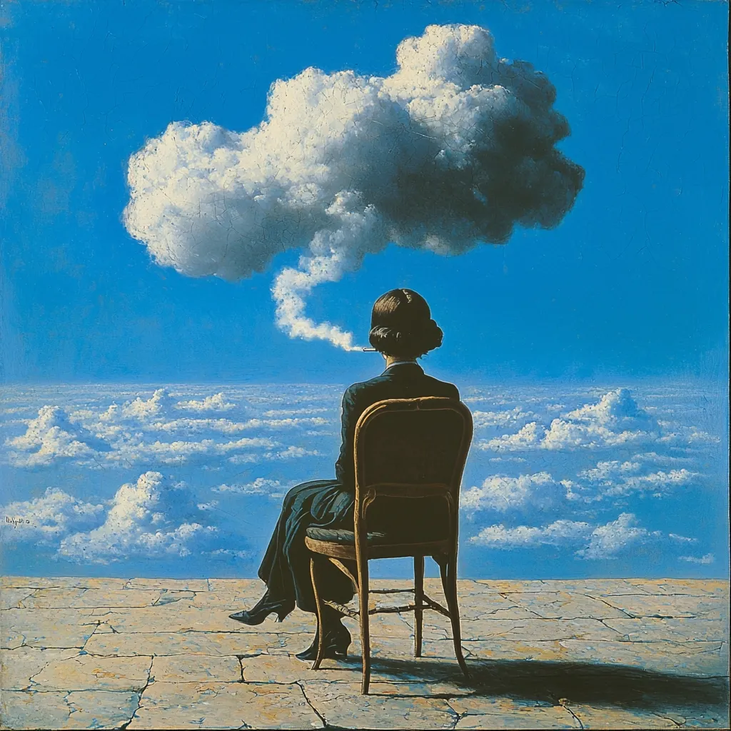 A woman sits on a chair overlooking a vast expanse of clouds under a bright blue sky.  A puff of smoke curls from a cigarette she holds, seemingly connected to a large, billowing cloud above her head.  The scene is surreal and dreamlike, evoking a sense of contemplation and introspection.  The woman's dark clothing contrasts sharply with the lightness of the clouds and the sky.  The stone paving under her chair adds a grounding element to the ethereal setting.